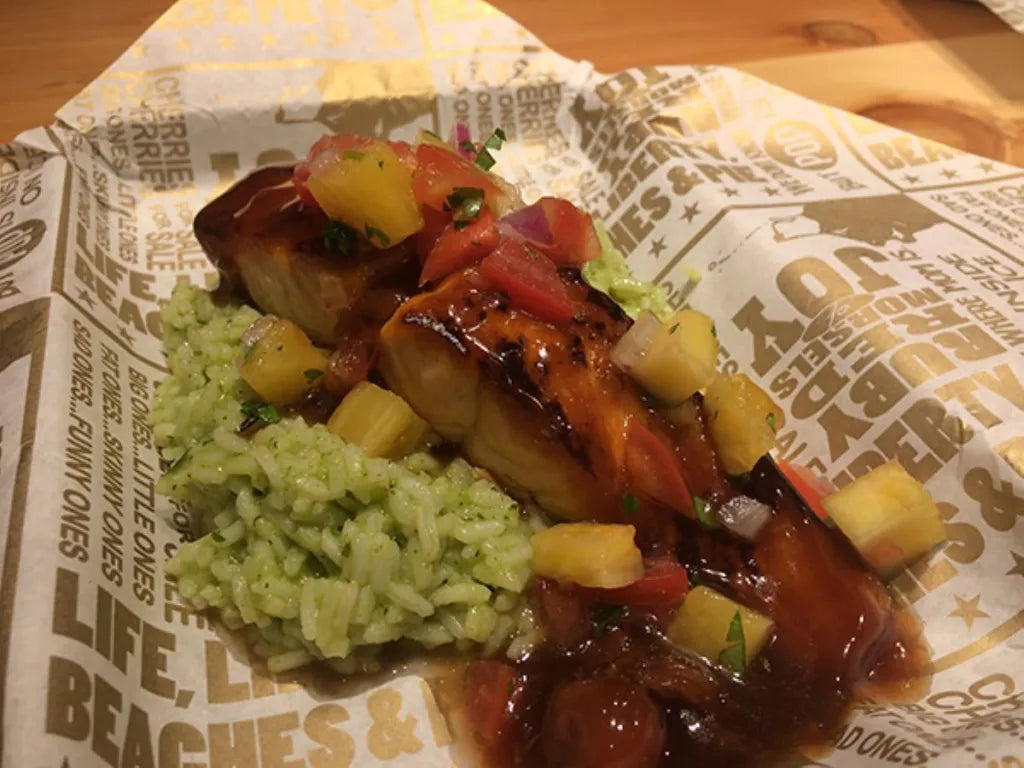 Seared Cherryaki Salmon with Pineapple Pico de Gallo and Cilantro Green Rice